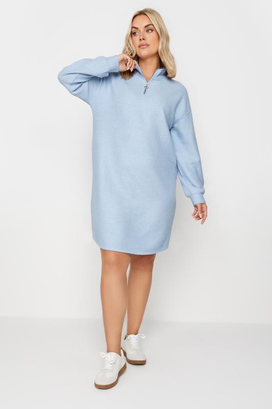 YOURS Plus Size Light Blue Soft Touch Zip Neck Jumper Dress | Yours Clothing 2