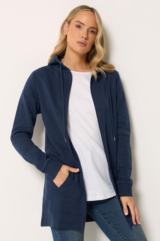 LTS Tall Women's Navy Blue Cotton Longline Zip Hoodie | Long Tall Sally 1