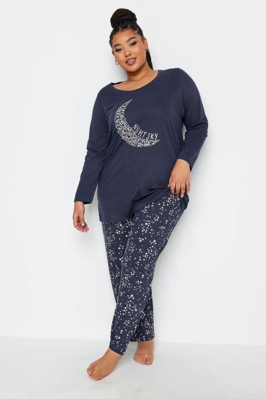 YOURS Plus Size Navy Blue 'Night Sky' Star Print Pyjama Set | Yours Clothing 1