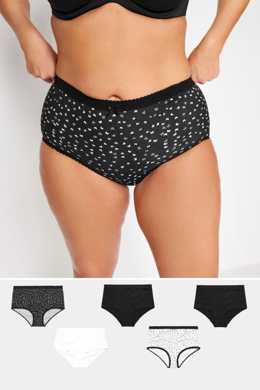 YOURS 5 PACK Plus Size Black & White Butterfly Design High Waisted Full Briefs | Yours Clothing 1