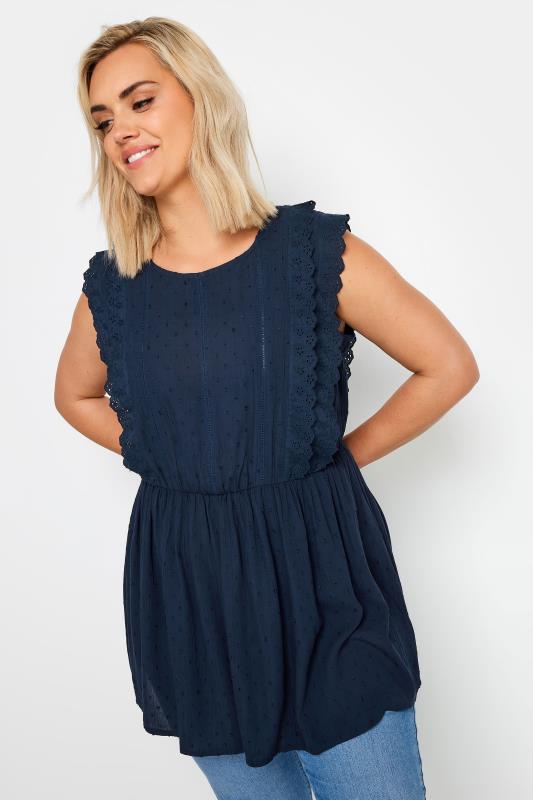 YOURS Plus Size Navy Blue Crinkle Dobby Peplum Top | Yours Clothing 1
