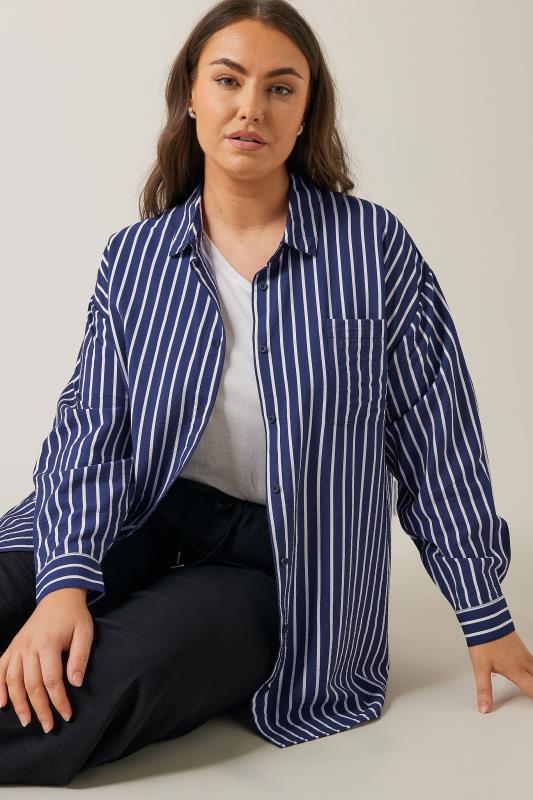 EVANS Curve Blue & White Stripe Girlfriend Shirt | Evans 5