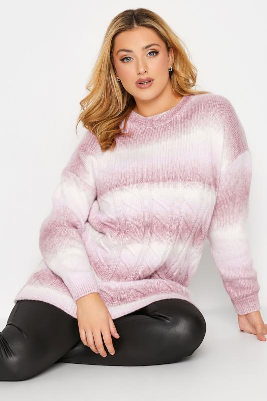 YOURS LUXURY Plus Size Curve Pink & White Space Dyed Cable Knitted Jumper | Yours Clothing 1