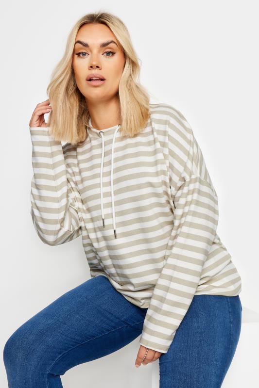 YOURS Plus Size Natural Brown & White Striped Sweatshirt | Yours Clothing 1
