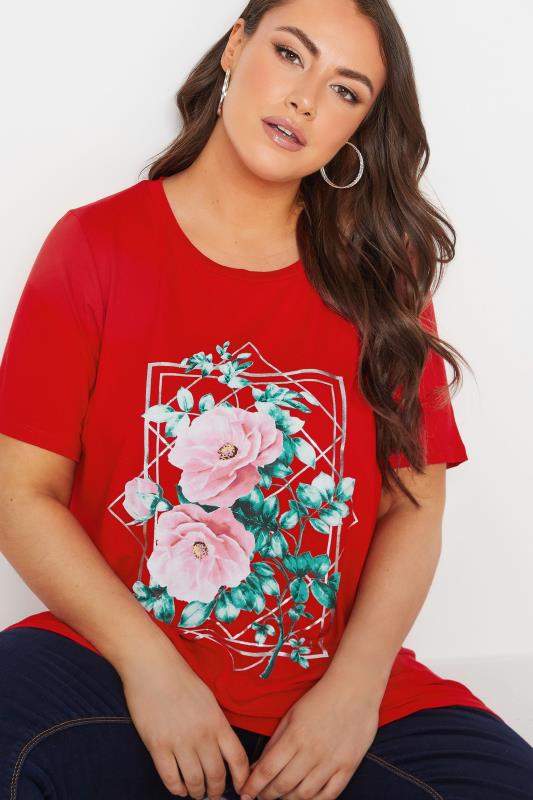 YOURS Curve Plus Size Red Floral Foil Print T-Shirt | Yours Clothing  4