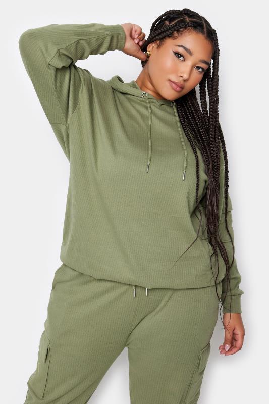 YOURS Plus Size Khaki Green Ribbed Cargo Hoodie | Yours Clothing 1