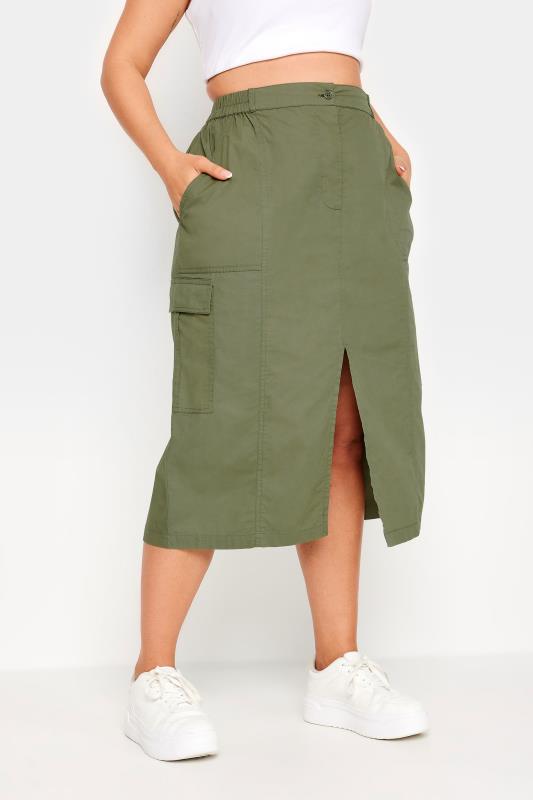 YOURS Plus Size Khaki Green Split Hem Cargo Midi Skirt | Yours Clothing 1