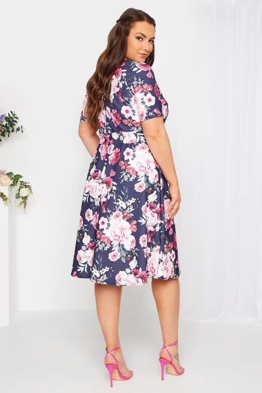 YOURS LONDON Curve Plus Size Navy Blue & Pink Floral Skater Dress | Yours Clothing  3