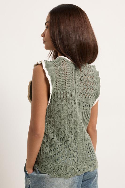 PixieGirl Petite Women's Sage Green & Ivory White Crochet Vest Top | PixieGirl 2
