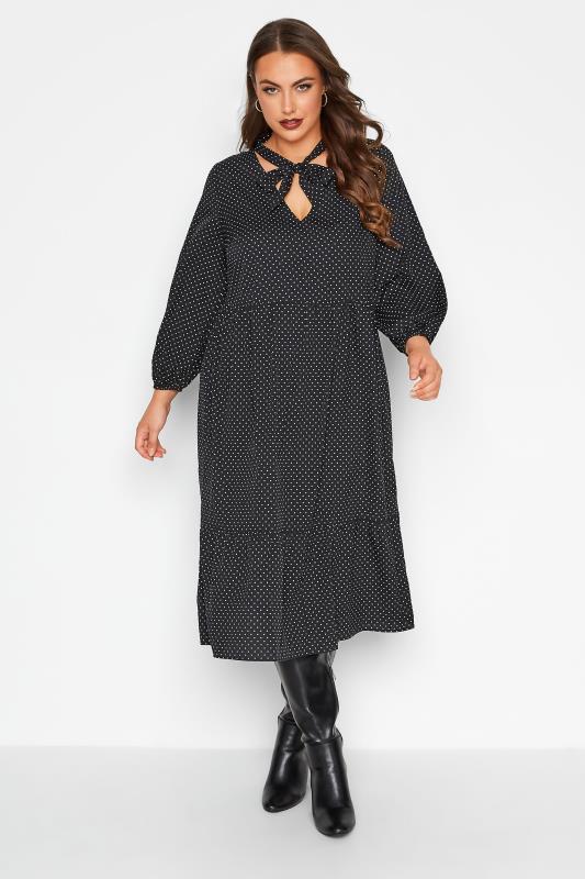 Großen Größen  LIMITED COLLECTION Curve Black Spot Print Tie Neck Smock Midi Dress