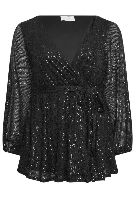 YOURS LONDON Plus Size Black Sequin Wrap Top | Yours Clothing 6