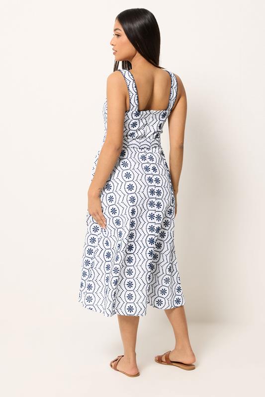 M&Co Petite White & Navy Blue Embroidered Cotton Dress | M&Co 2