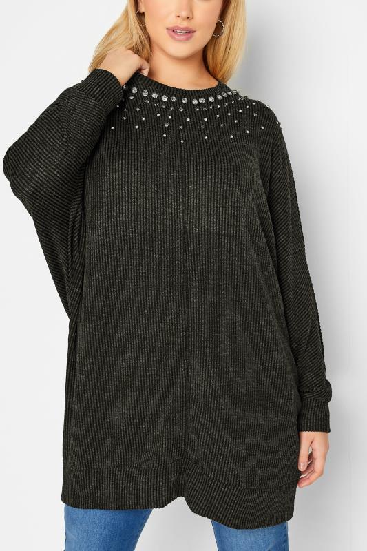 YOURS LUXURY Curve Charcoal Grey Sequin Embellished Ribbed Long Sleeve Top | Yours Clothing  5