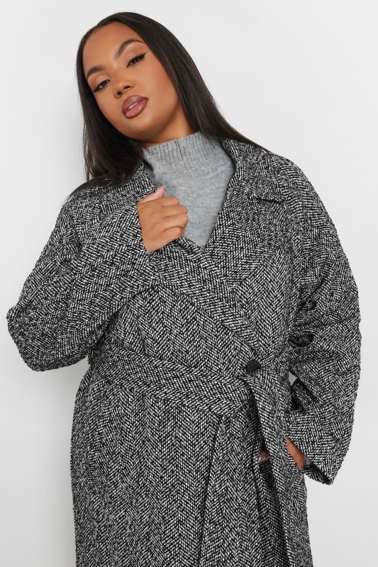 YOURS Plus Size Black Woven Herringbone Formal Maxi Coat | Yours Clothing 5