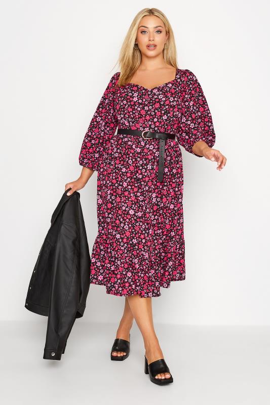 Großen Größen  Curve Black & Pink Floral Smock Midi Dress