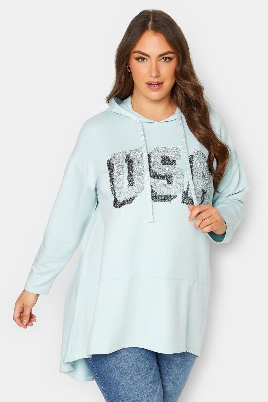 YOURS Plus Size Curve Mint Green 'USA' Slogan Longline Hoodie | Yours Clothing  1