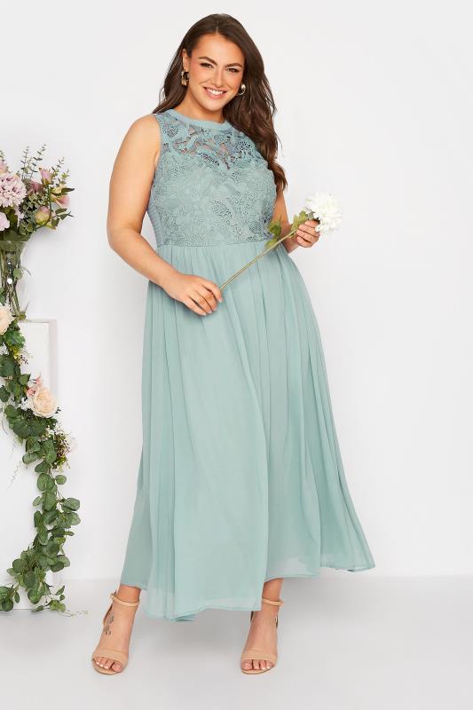 YOURS LONDON Curve Ice Blue Lace Front Chiffon Maxi Bridesmaid Dress 1