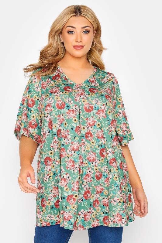  Grande Taille Curve Green Floral Print Tunic Top