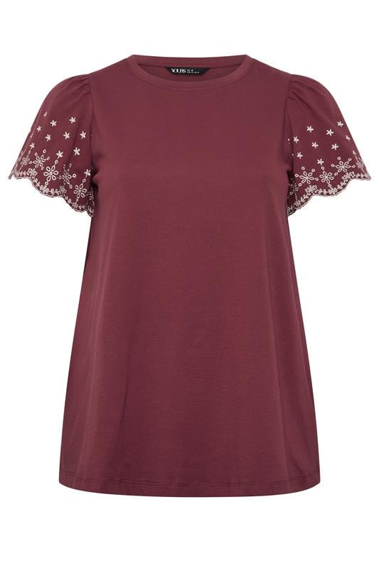 YOURS Plus Size Burgundy Red Embroidered Sleeve T-Shirt | Yours Clothing 5