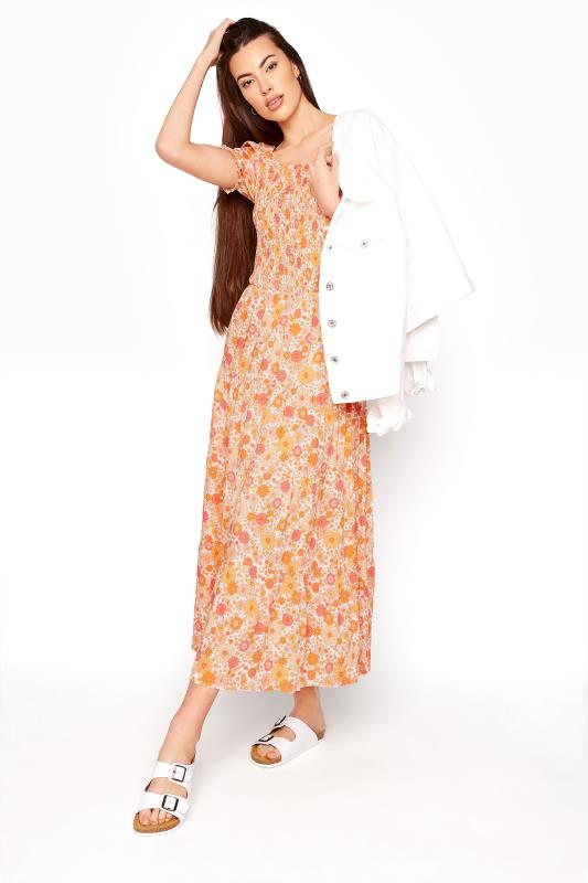 LTS Tall Orange Short Sleeve Floral Maxi Dress 1