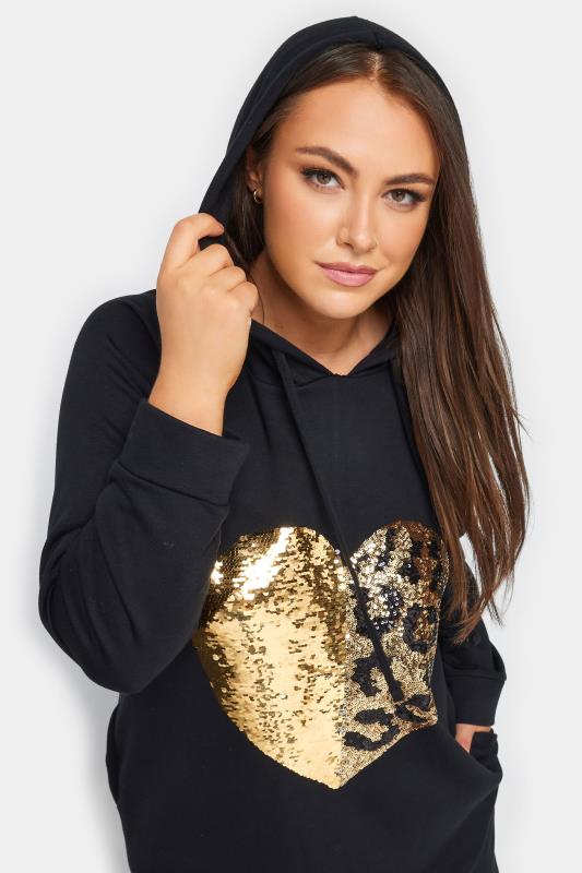 YOURS Curve Plus Size Black Sequin Heart Midi Hoodie Dress | Yours Clothing  4