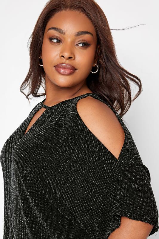 YOURS LONDON Plus Size Black Glitter Cold Shoulder Cape Top | Yours Clothing 4
