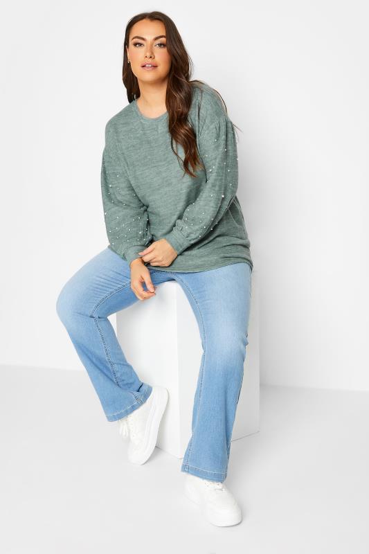 Plus Size Sage Green Pearl & Diamante Embellished Sleeve Jumper | Yours Clothing  2