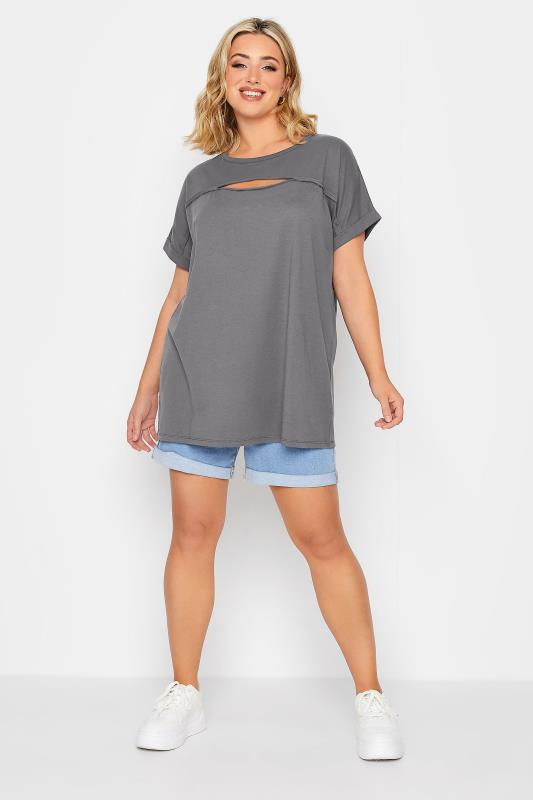 YOURS Curve Grey Cut Out T-Shirt | Yours Clothing 2