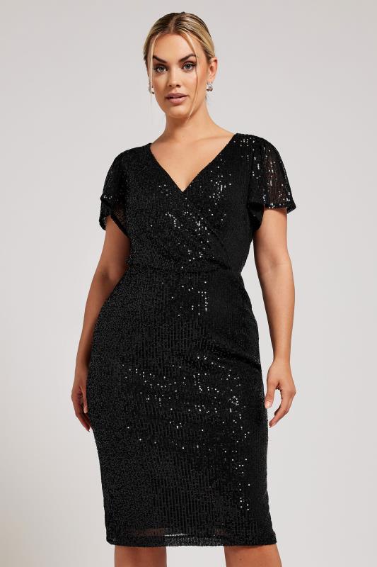 YOURS LONDON Plus Size Black Sequin Embellished Wrap Dress | Yours Clothing 4