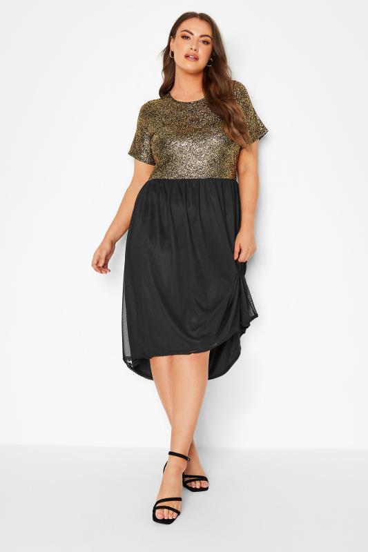 LIMITED COLLECTION Curve Black & Gold Glitter Mesh Dress | Yours Clothing 2