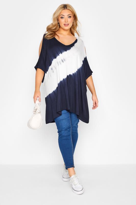 Plus Size Navy Blue Tie Dye Cold Shoulder T-Shirt | Yours Clothing 2