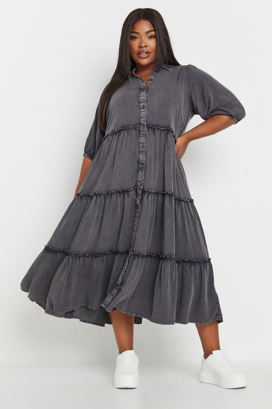  Grande Taille YOURS Curve Grey Acid Wash Tiered Shirt Dress
