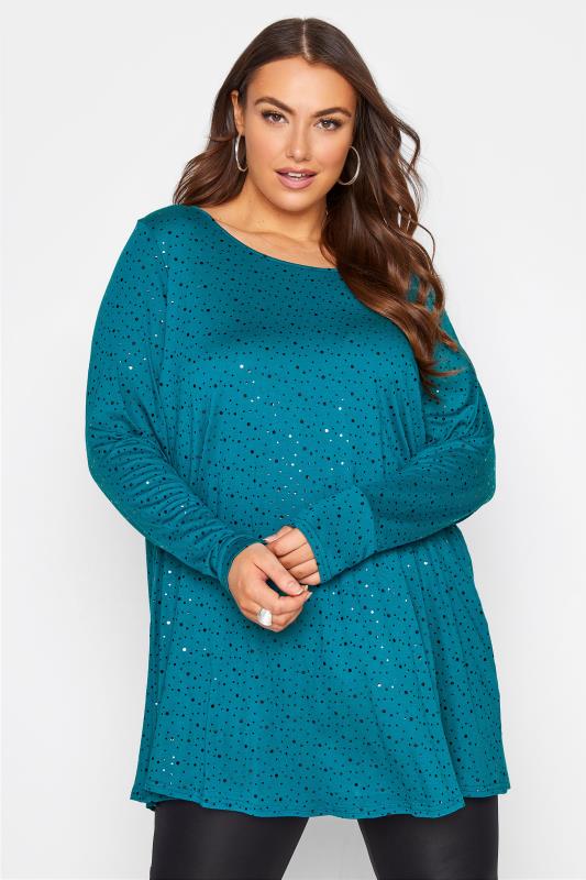 Plus Size  Teal Embellished Spot Print Swing Top