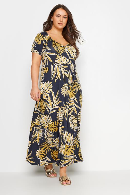 YOURS Plus Size Blue Leaf Print Tiered Maxi Dress | Yours Clothing