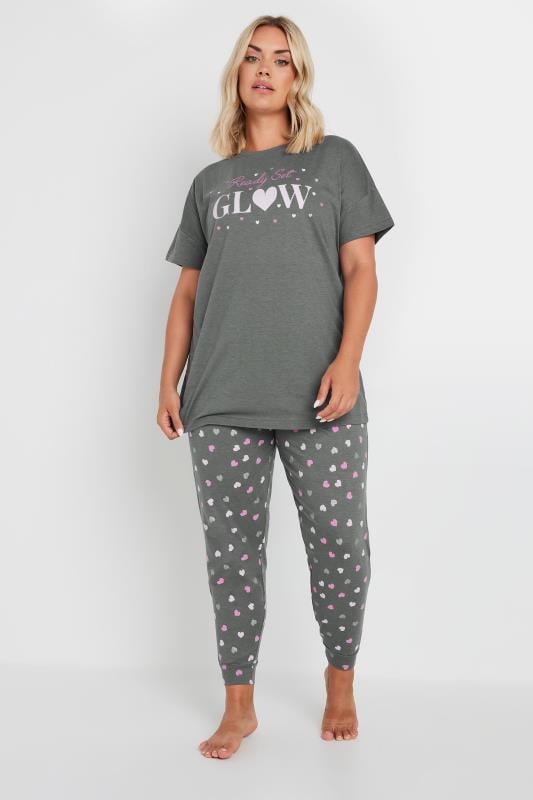 YOURS Plus Size Grey 'Ready Set Glow' Heart Print Cuffed Pyjama Set | Yours Clothing 2