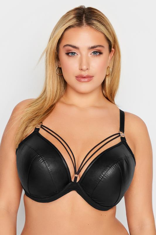 Plus Size Black Faux Leather Strap Detail Padded Underwired Plunge Bra | Yours Clothing 1