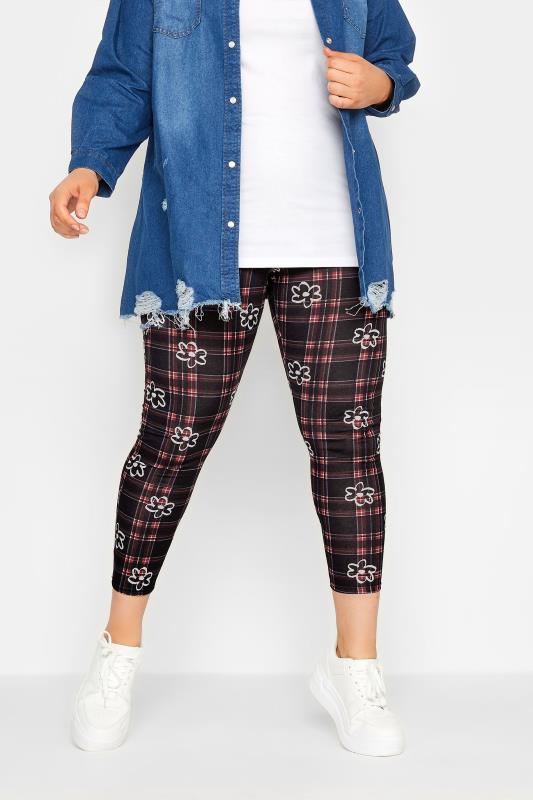 Plus Size Black Floral Check Leggings | Yours Clothing 1