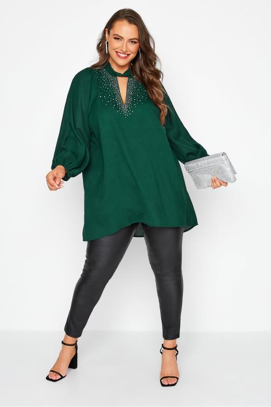 YOURS LONDON Curve Green Diamante Long Sleeve Tunic Top 2