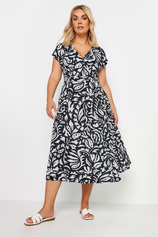 Plus Size  YOURS Curve Black & White Floral Print Wrap Dress