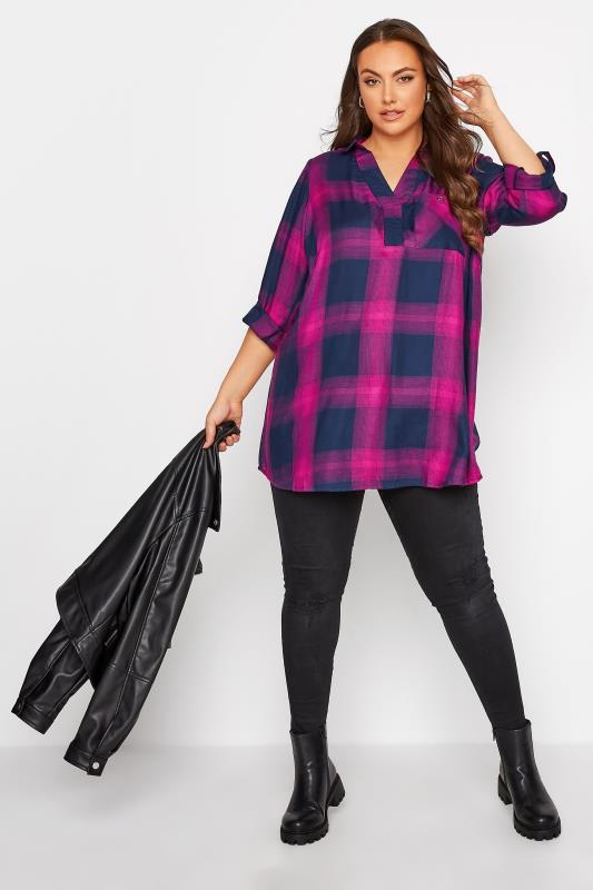 Plus Size Hot Pink Checked Overhead Shirt | Yours Clothing  2