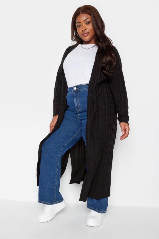 Plus Size  Curve Black Cable Knitted Maxi Cardigan