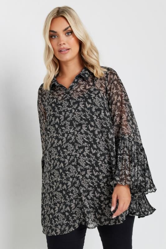 YOURS Plus Size Black Leaf Print Flared Sleeve Shirt | Yours Clothing 4