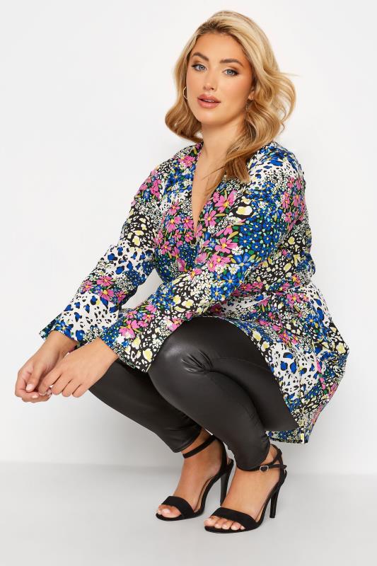 LIMITED COLLECTION Plus Size Black & Blue Mixed Floral Print Wrap Top | Yours Clothing 4