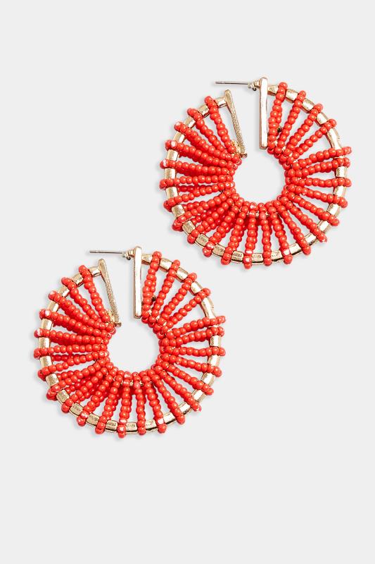 Gold Tone & Red Seed Bead Hoop Earrings | Yours Clothing  2