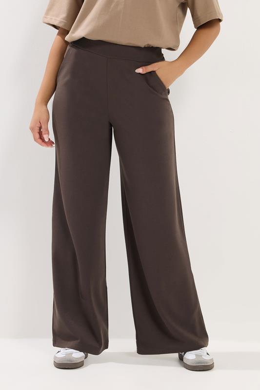 PixieGirl Petite Women's Chocolate Brown Scuba Wide Leg Trousers  1