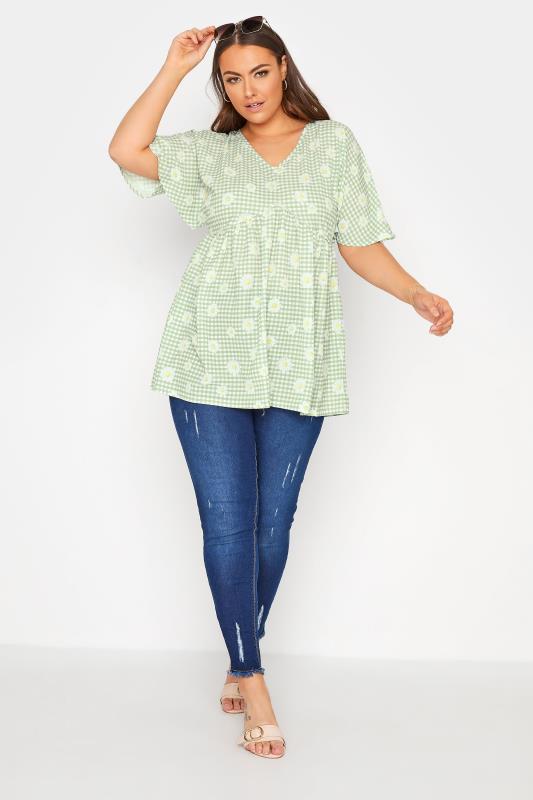 LIMITED COLLECTION Curve Sage Green Gingham Floral Kimono Top_B.jpg
