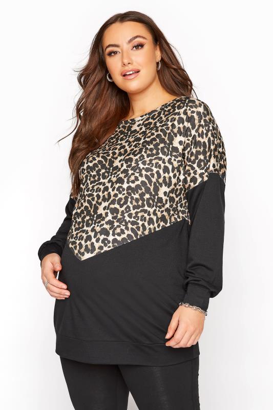 Großen Größen  BUMP IT UP MATERNITY Black Leopard Print Colour Block Sweatshirt