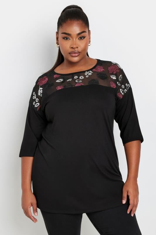 YOURS Plus Size Black & Pink Mesh Embellished Swing Top | Yours Clothing  1