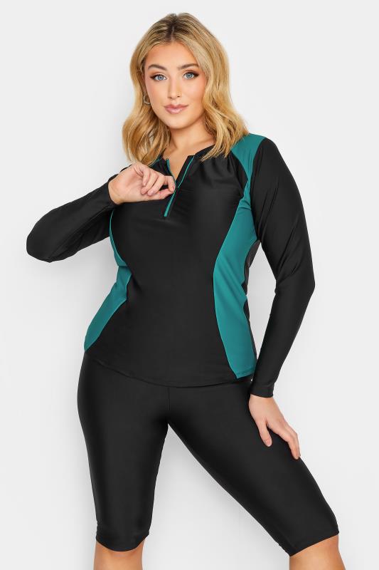YOURS Plus Size Curve Blue Zip Front Long Sleeve Swim Top | Yours Clothing 1