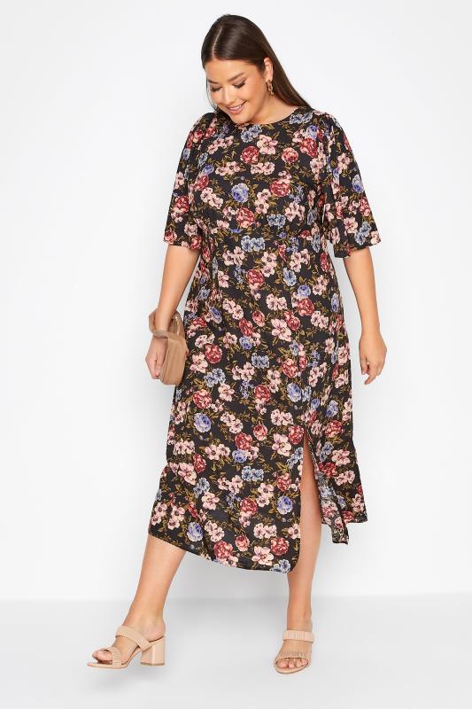 Plus Size Black Floral Print Side Split Midi Dress | Yours Clothing 1